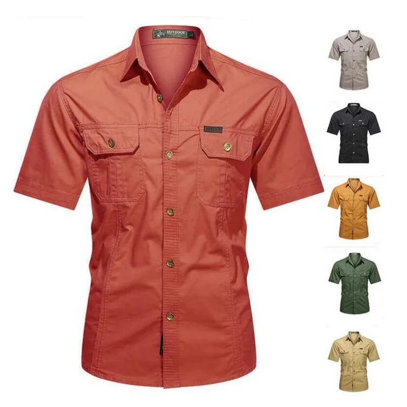 Summer Military Uniform Short-Sleeved Shirt Men's Cargo Cotton Workwear Chest Pocket Shirts Outdoor Loose Free Ironing Shirt