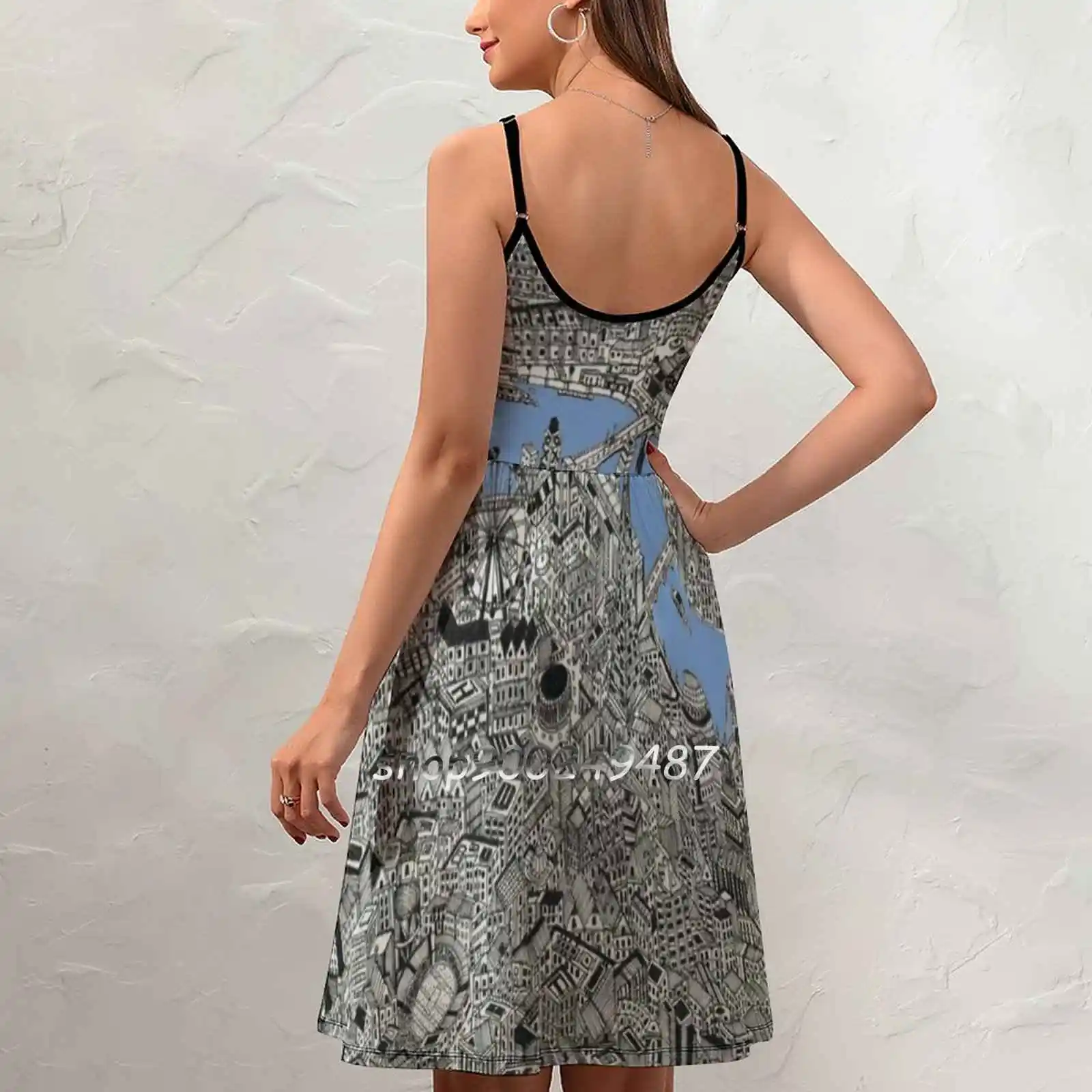 London Map Print Drawing Sweet Summer Casual Sling Dresses Korean Women Sexy Sundress Thames City Capital Sketch