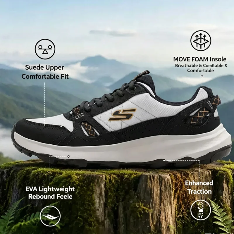 Фото Мужские походные ботинки Skechers 237787‑WCC, бело-черные, для активного отдыха, противоскользящие, износостойкие, легкие, дышащие, для прогулок по тропам. №1
