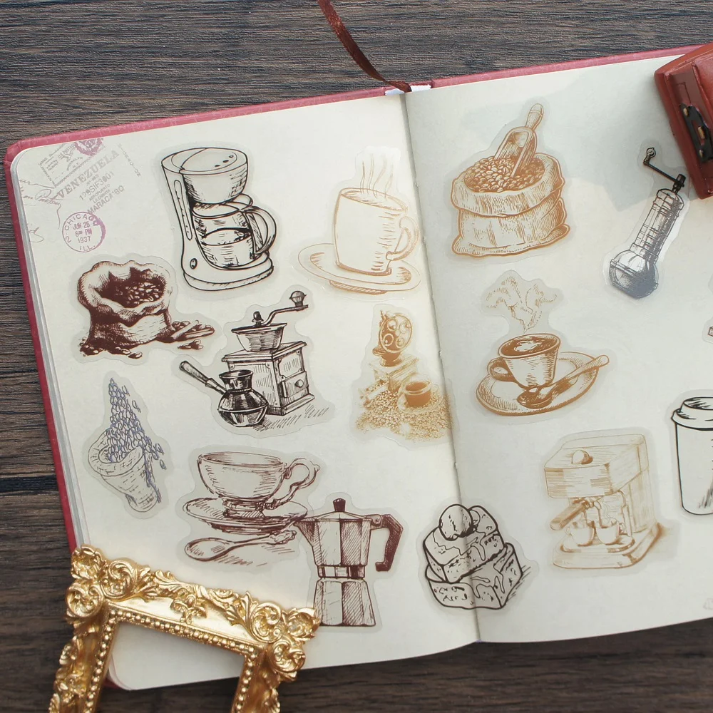 

28pcs Pen Drawing Industrial Age Theme Hand-ground Coffee Style PVC Sticker Scrapbooking DIY Gift Packing Label Decoration Tag