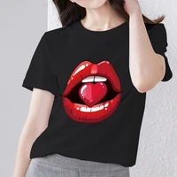 womens t shirt black classic print sexy red lips love pattern series tops ladies comfortable short sleeved breathable clothes