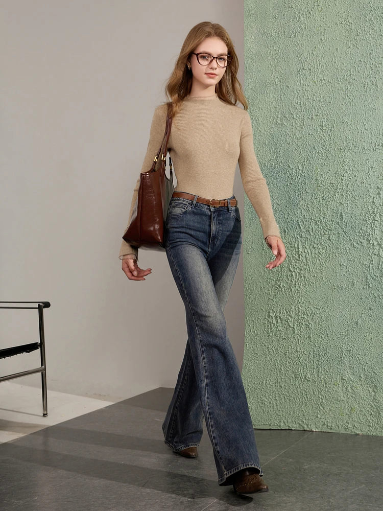 Tricolor 2024 Winter New Elastic Texture Knit Patchwork Stand Collar Slim fit Sweater Inner wear Simple Women