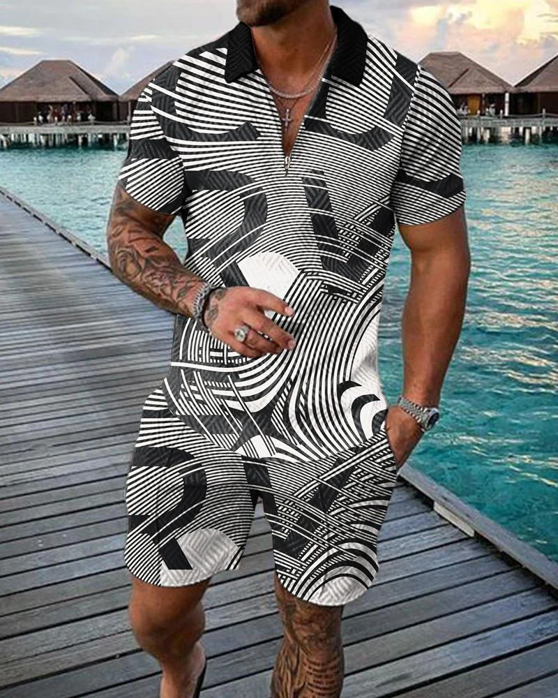 Men's Tracksuit Solid Color Zipper Polo Sets Men Fashion Beach 3d Print Set Casual Solid Color Luxury Shirt&Shorts Suits 2023