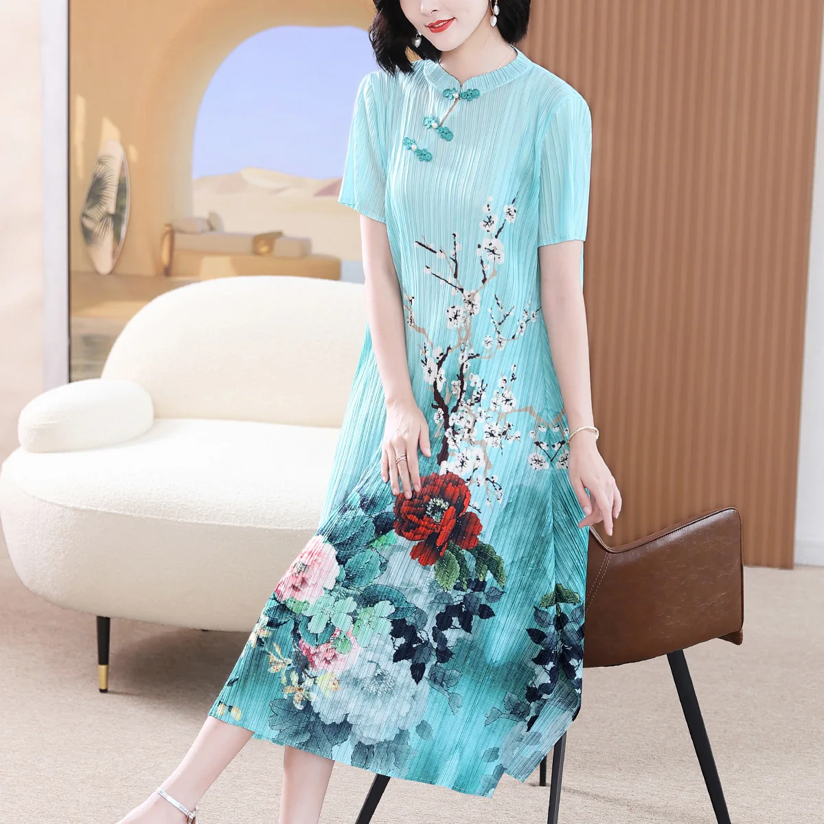 

Miyake Pleated Mom Summer Clothes Vintage Dress 2023 Female plus Size Fashion Printed Improved Cheongsam Temperament Long Dress