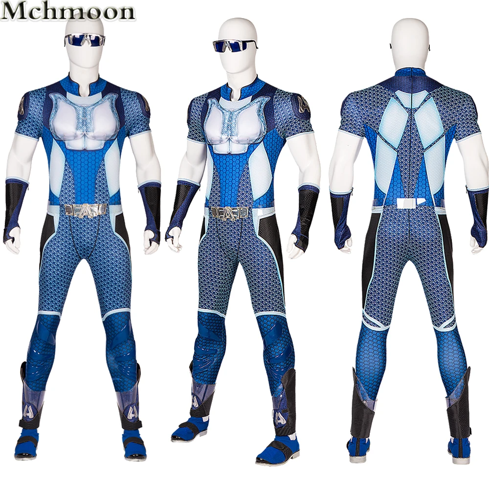 

The Boys A-Train Cosplay Costume Halloween Carnival High Quality Hero Reggie Franklin Battle Outfit With Boots Printing Jumpsuit