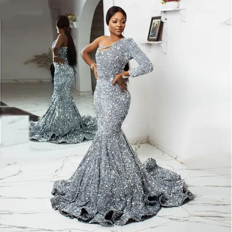 

Sunny Silver Sequins Mermaid Prom Dresse Women Formal Party Evening Gowns Photo Shoot Photography Robes Pageant Special Occasion