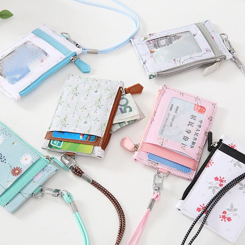 

Women's Flower Pu Leather Card Bags ID Bus Credit Card Holder with Neck Strap Lanyard Badge Holder Coin Purse Money Bags Wallet
