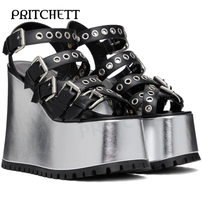 

Сандалии на платформе с металлической пряжкой женские, модные блестящие босоножки на танкетке, подходящие к цвету, черные