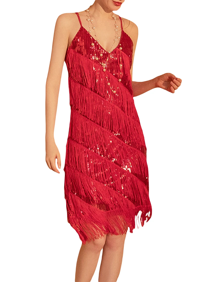 

Women Sling Dresses Sleeveless V Neck Off Shoulder Solid Color Sequined Tassels Casual Party Spring Summer Dress