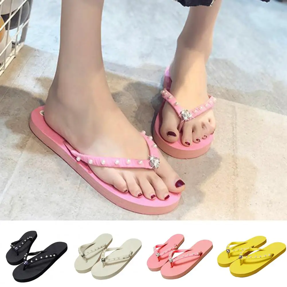 

1 Pair Beach Slippers Trendy Cozy Flat Heel Imitation Pearls Open Toe Slippers for Home Women Sandals Flip Flop Slippers