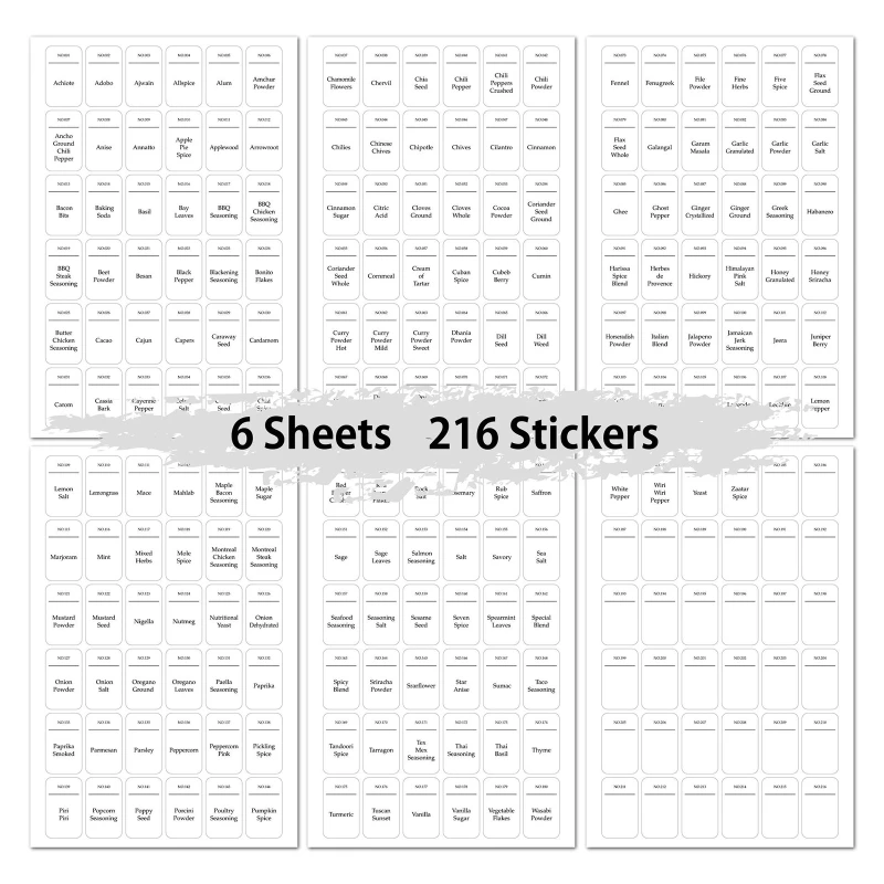 

2022 New White Printed + Blank Spice Stickers Waterproof for Seasoning Organization 216x