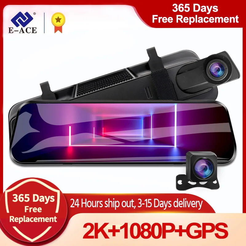 E-ACE 2K Car DVR Mirror 10 Inch Car Video Recorder 1080P Rearview Camera Support GPS Night Vision Auto Record Dashcam Dual Lens