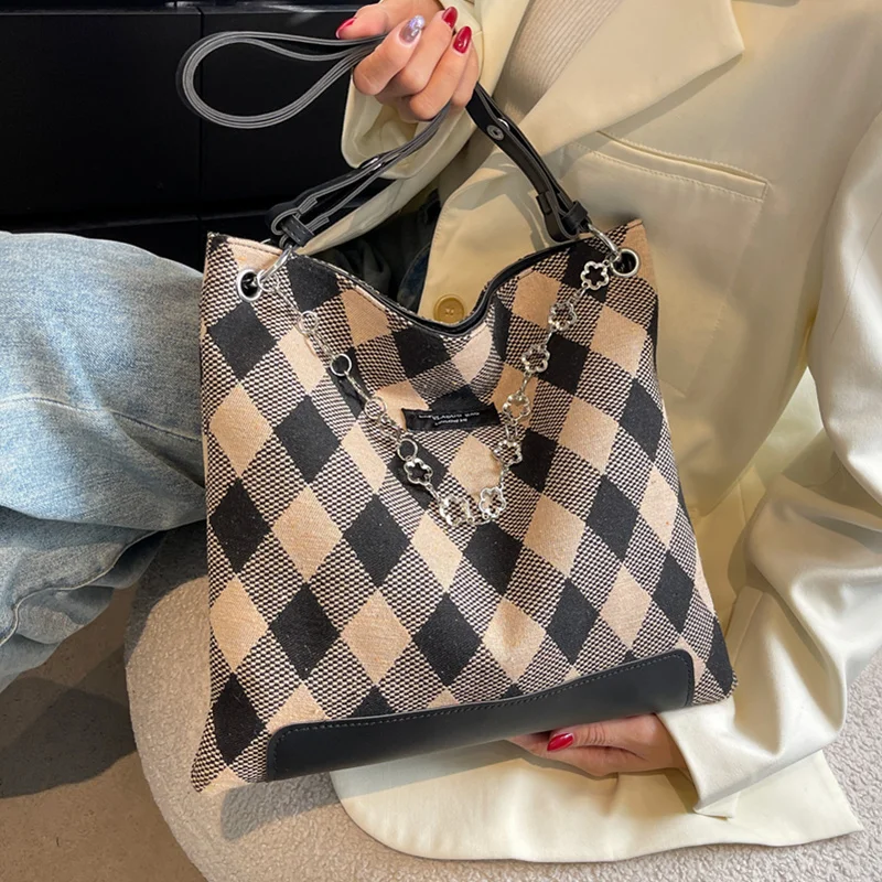 

Women Casual Handbag Large Capacity Canvas Shopper Bag Female Diamond Lattice Chain Shoulder Bag Ladies Big Plaid Cloth Tote Bag