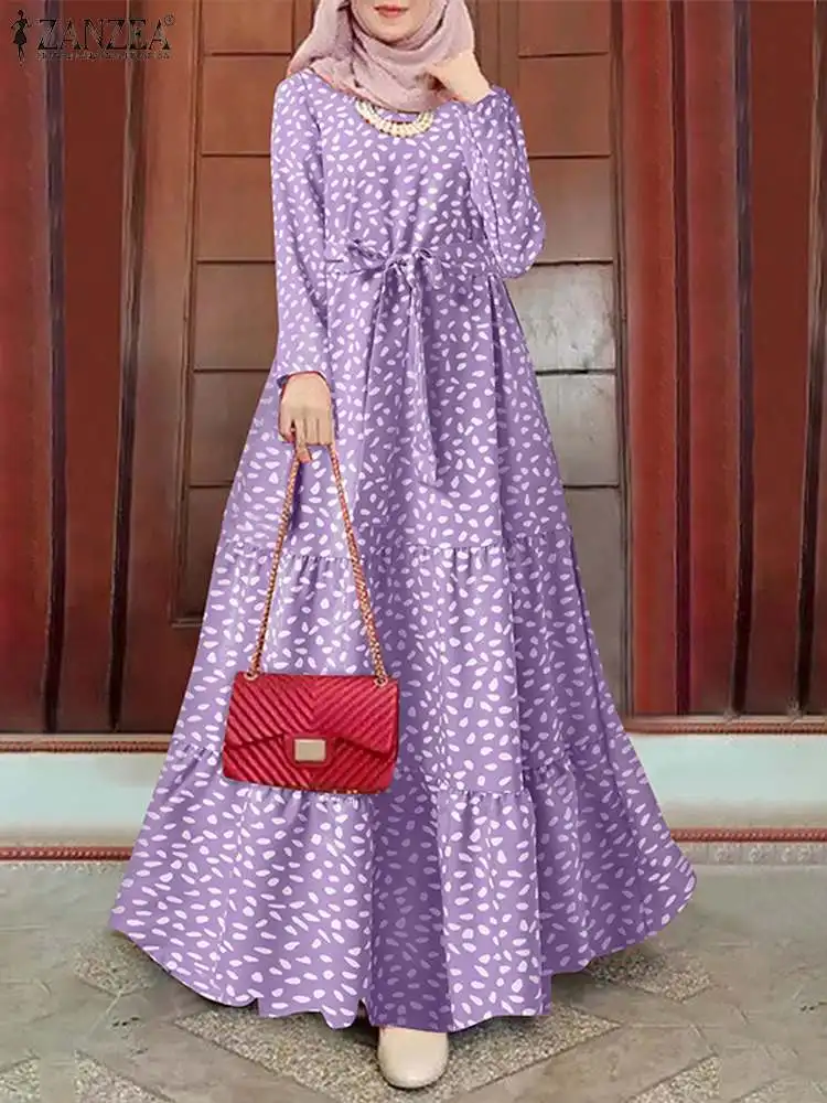 

Kaftan Women Printed Sundress ZANZEA Elegant Floral Muslim Dress Turkey Abaya Hijab Vestidos Belted Female Islam Clothing Robe
