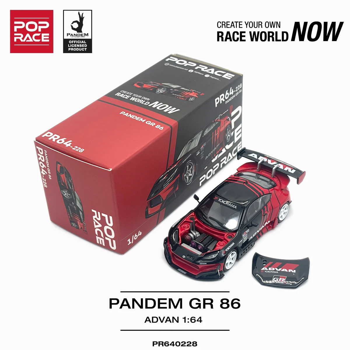Фото В наличии, готов к отправке: Pop Race PR640228 1:64 Pandem Toyota GR86 Advan Black Red Widebody Open Hood JDM, литая модель автомобиля №1