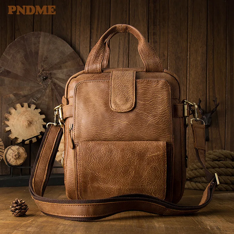 Vintage handmade natural real cowhide men's handbag business shoulder messenger bag casual genuine leather work brown briefcase