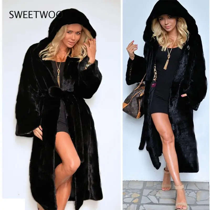 New Womens White Faux Rex Rabbit Fur Long Winter Hooded Coat for Female Fashion Luxury Faux Fur Jacket Contracted Slim Tide 2022