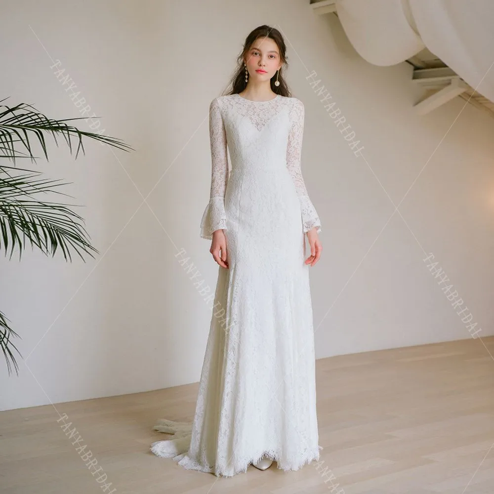 Мягкое кружевное зимнее свадебное платье O Ncek с длинными рукавами и скользящим