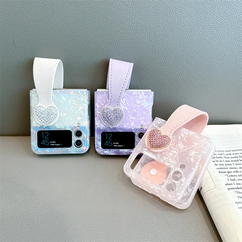 

Shiny Heart Bow Wristband Phone Case for Samsung Galaxy Z Flip 5 4 3 Protective Back Cover for ZFlip3 ZFlip4 ZFlip5 Case Shell