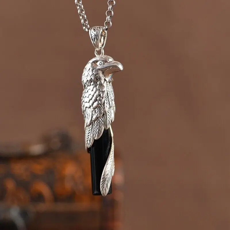 

Real 925 Sterling Silver Eagle With Black Agate Long Pendant 2.55inch H