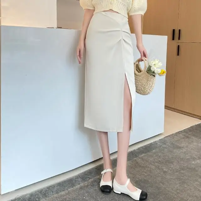 

2022 Women Spring Summer New Korean High Waist Split Skirts Female Solid Color Midi Skirts Ladies Slim Package Hip Skirts Z53