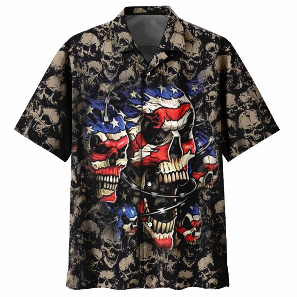 3d Cuban Collar Skull Print Shirt for Men Short Sleeve Vintage Hip Hop Party Fashion Hawaiian Men's Shirt Clothing Casual Blouse