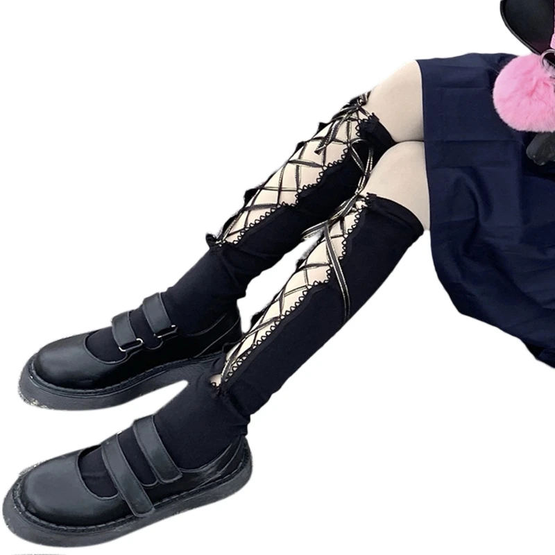 

Women Gothic Hollow Front Knee High Socks Bandage Bowknot Calf Stockings