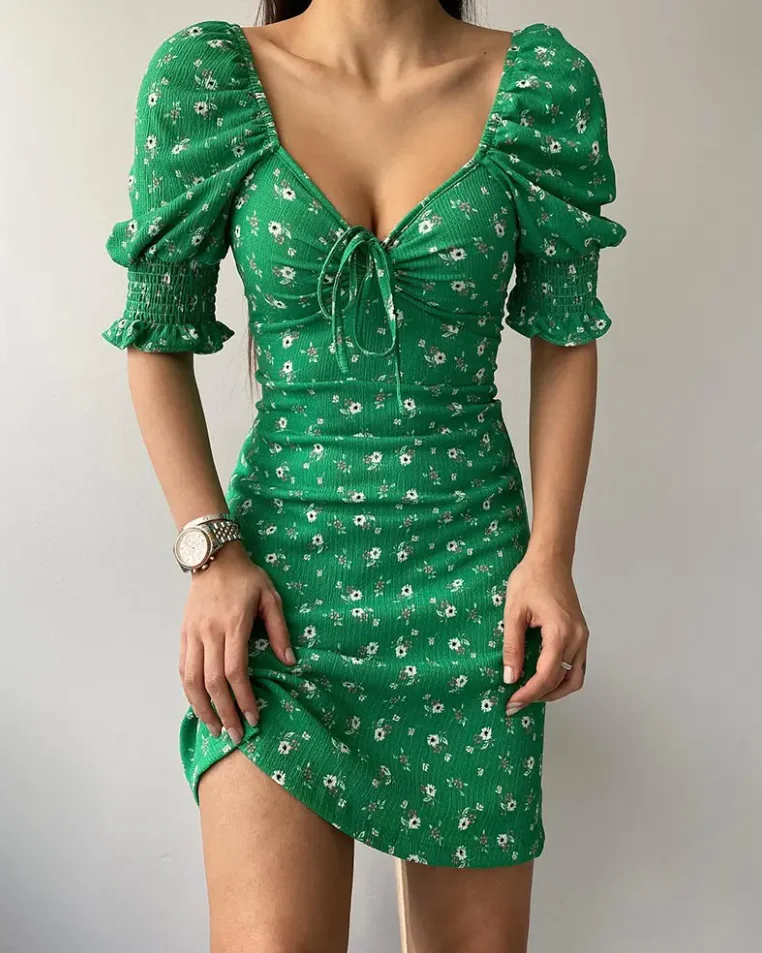 

2022 New Trending High Quality Puff Sleeve Floral Print Drawstring Ruched Dress Women Party Korean Vestidos