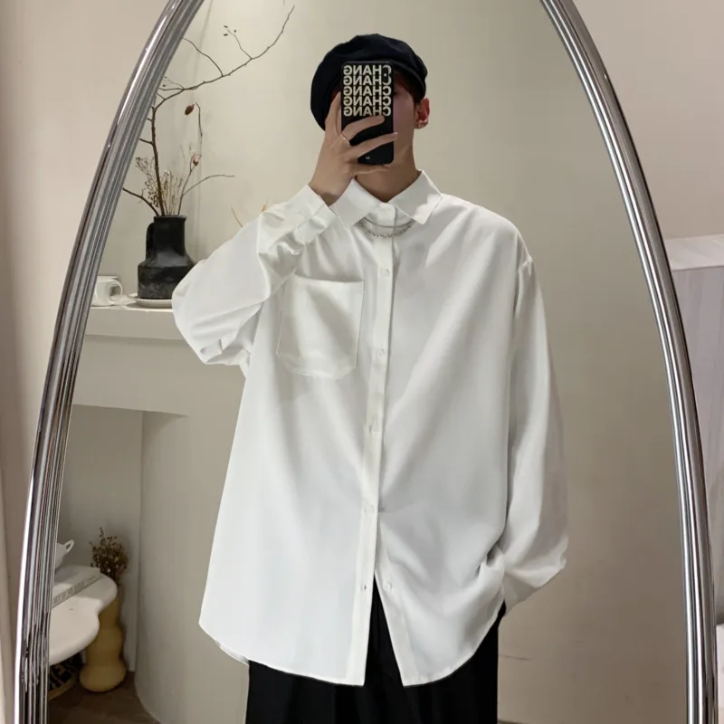 Solid Color Chain Shirts Men Fashion Society Mens Dress Shirts Korean Loose Cotton Casual Shirts Mens Long Sleeve Shirts M-2XL