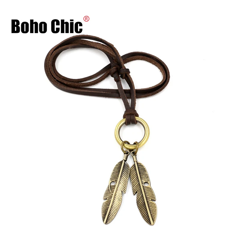 

Boho Chic Antique CopperNecklace Genuine Leather Cord Feather Pendant Fashion Jewelry Accessories