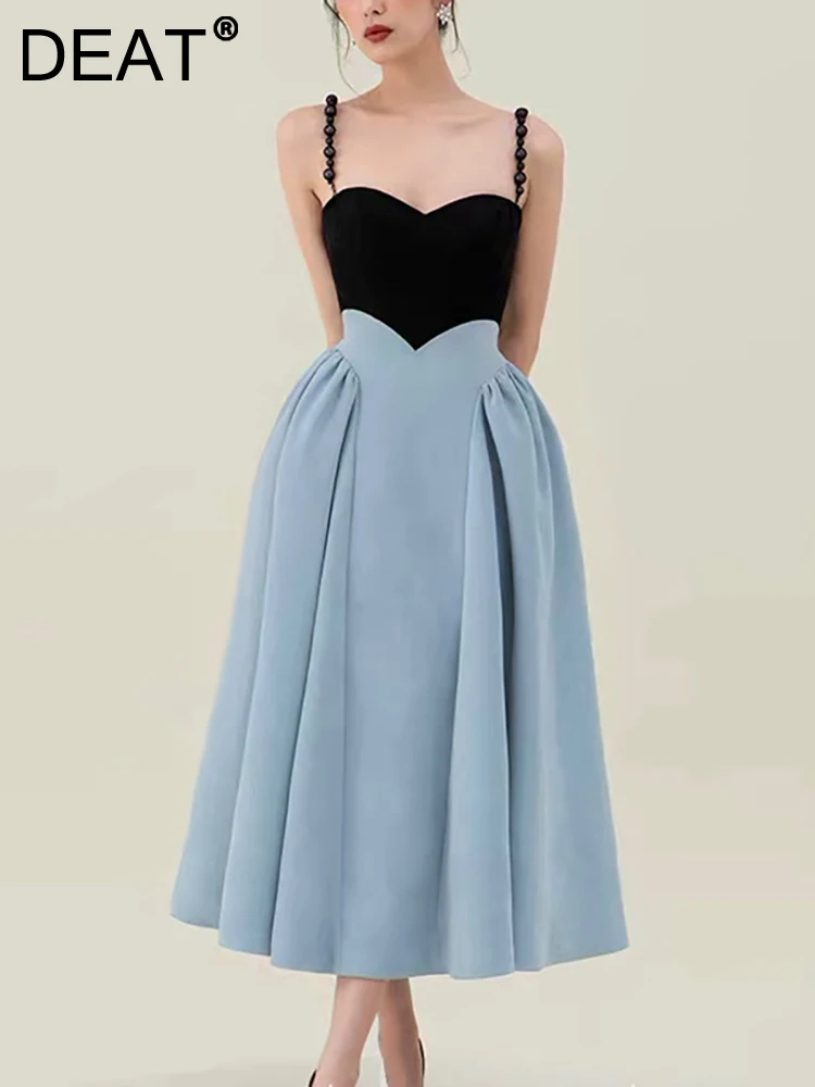 

DEAT 2023 Autumn Women's Dress New Fashion Beading Strap Slim Contrast Color Mid-calf A-line Dresses Elegant Female Tide 17A532