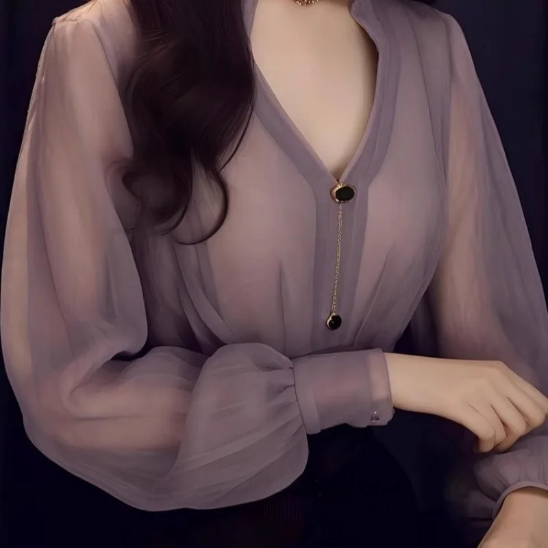 Блузка женская шифоновая в стиле ретро роскошная сухая рубашка фиолетового