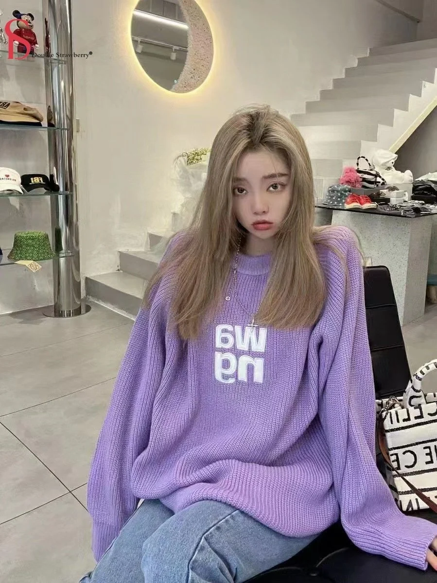 

and Autumn Winter Women's New Letter Wang Leather Embroidery Large Version Slim All-match Knitted Sweater Tops