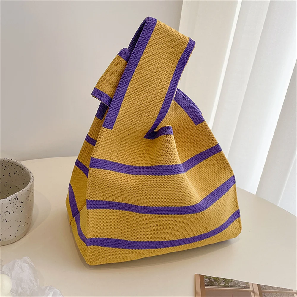New Wide Striped Handmade Knitted Handbag Minimalist Korean Women Mini Knot Wrist Bag Tote Bag Student Reusable Shopping Bags