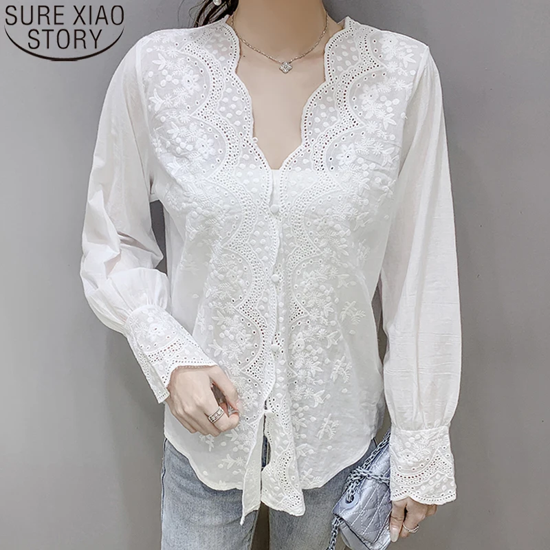 

Autumn Vintage Embroidery V-neck White Cotton Blouse Women Elegant Wavy Cut Long Sleeve Shirt Lace Crochet Hollow Shirt 17381