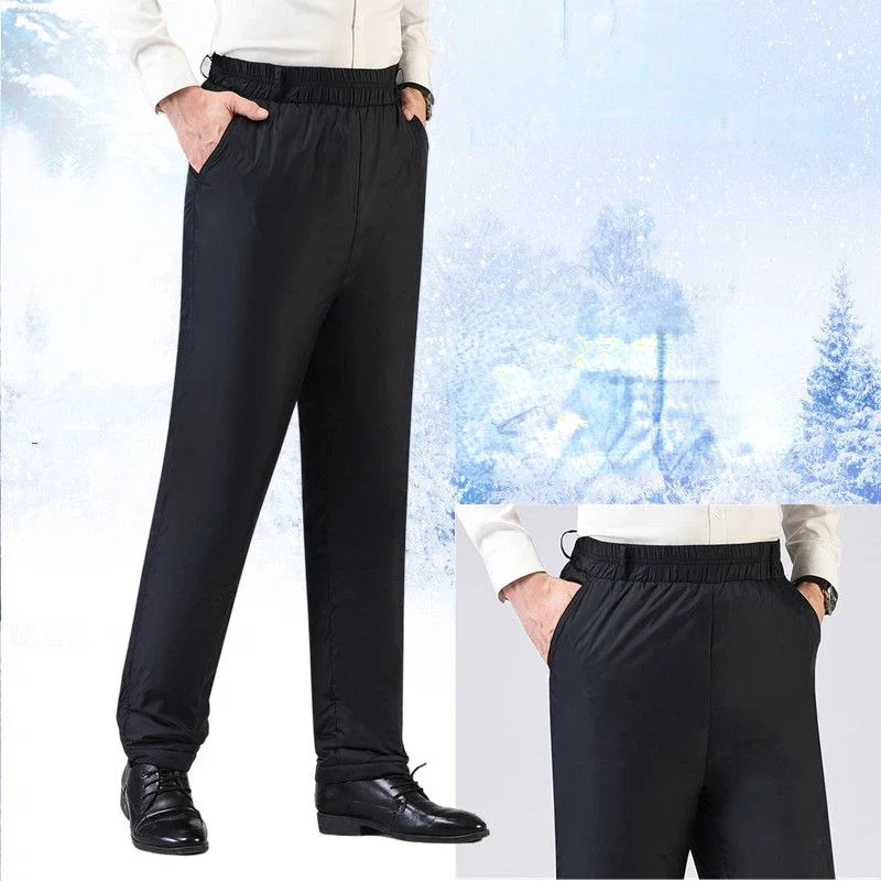 

Мужские прямые брюки с подкладкой на пуху и высокой талией, мужские зимние деловые брюки, теплые черные брюки с подкладкой на белом утином пуху, 6XL E548