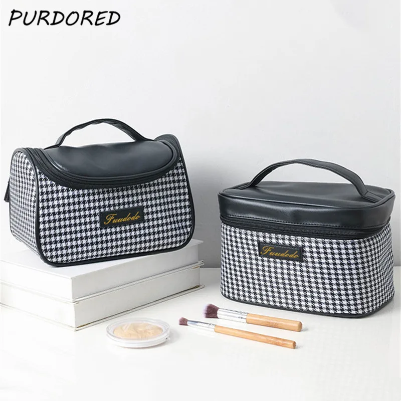 

PURDORED 1 Pc Women Houndstooth Makeup Bag Zipper Waterproof Leather Bucket Cosmetic Bag Female Travel Make Up Case Box