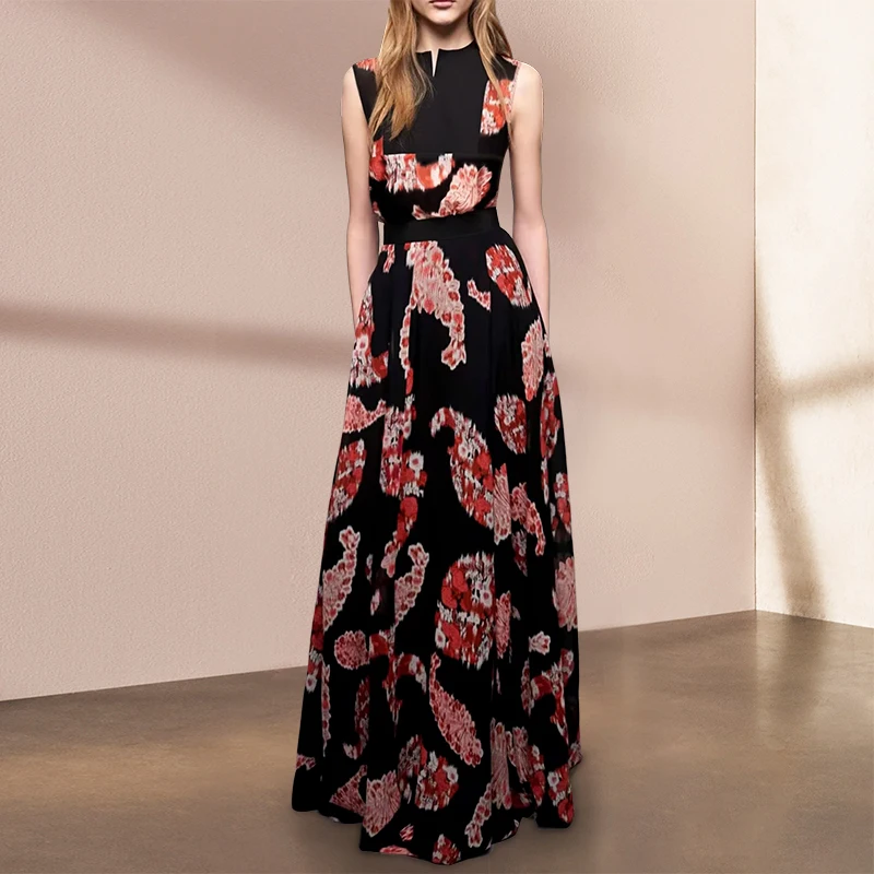 Vintage Floral Printed Pleated Long Dresses for Women 2023 Runway High Quality Elegant O-neck Sleeveless Maxi Dress Chiffon