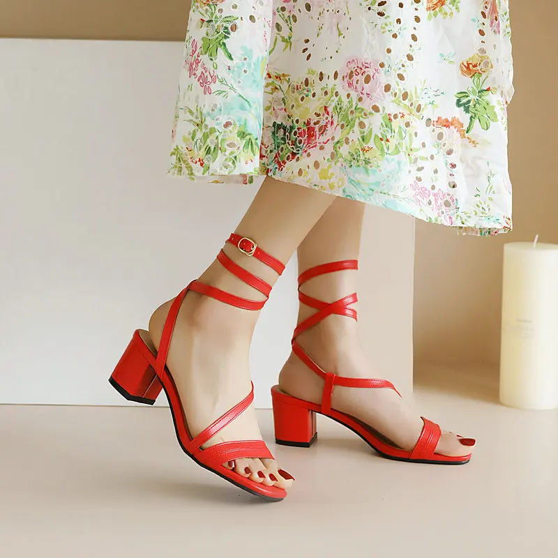 Women Gladiator Sandals Beach Dress Summer Shoes 2022 Plus Size 34-51 Chunky Mid Heel Lace Ankle Strap Pumps