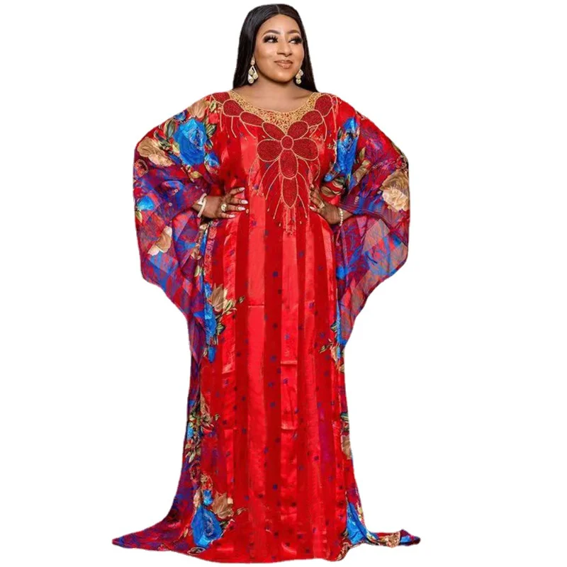 Red Dashiki African Dresses for Women Summer African Women O-neck Polyester Fashion Long Dress With Inner African Clothes Women