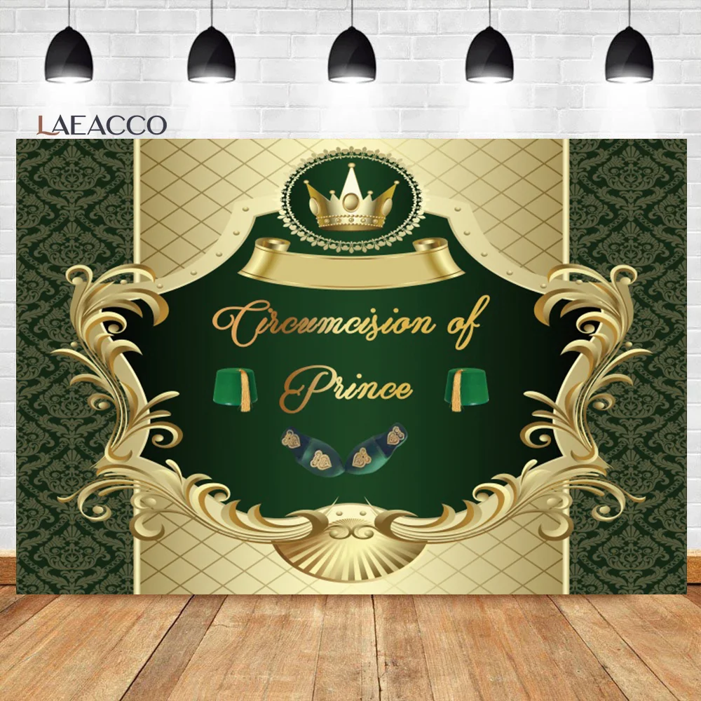 

Laeacco Circumcision of Prince Background Gold Crown Green Vintage Pattern Kid Birthday Portrait Customized Photography Backdrop