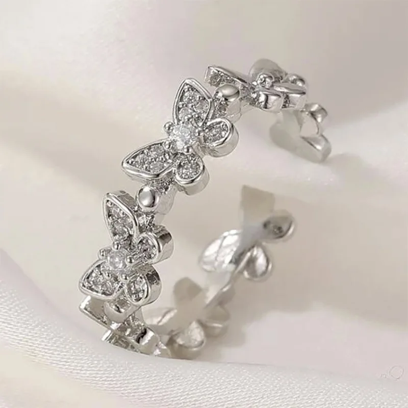

Shiny Women's Charm Jewelry Lucky Butterfly Open Ring for Women Inlaid White Zircon Silver Ring Party Birthday Gift Jewelry