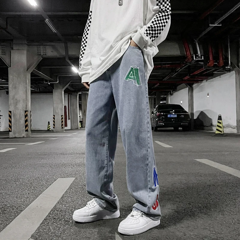 Men's Jeans Loose Embroidered Design Solid Color Men and Women's Hip Hop y2k Pants Streetwear High Quality Workwear Jeans Casual