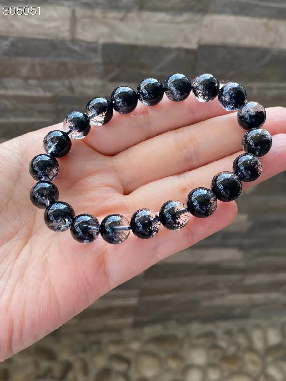 

Natural Black Rutilated Quartz Clear Round Beads Bracelet Crystal Women Men 9.8mm Brazil Genuine AAAAAA