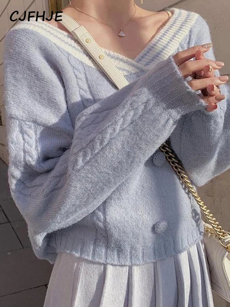 

Women Winter Sweet Kawaii Sweater V-Neck Long Sleeve Loose Korean Sweater Knitted Pullover Sweater Women Clothing Autumn 2022