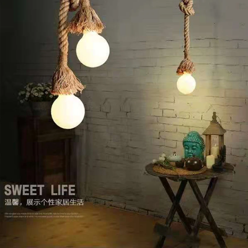 

Retro Vintage Hemp Rope Pendant Light American Industrial Hanging Lamps Creative Loft Country Style Ceiling Lamps E27 LED Edison