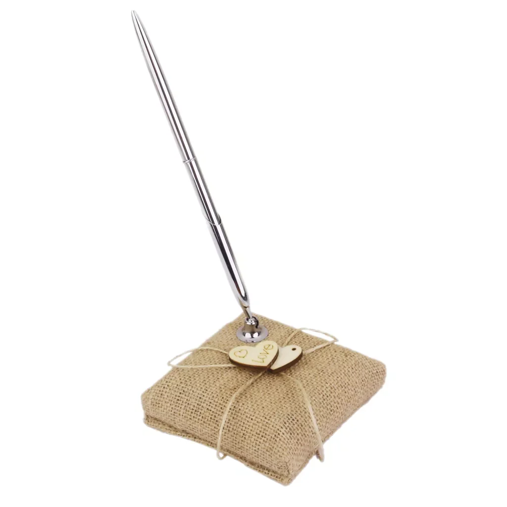 

Burlap Pen Stand and Pen Set for Wedding Bridal Reception Wood Hearts Decor Party Event Favor Guests Kid Gifts