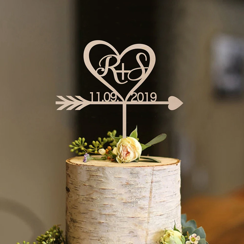 

Custom Rustic Heart Shape Wedding Cake Topper Personalized Initials Birthday Toppers with Date Wedding Bridal Shower Decoration