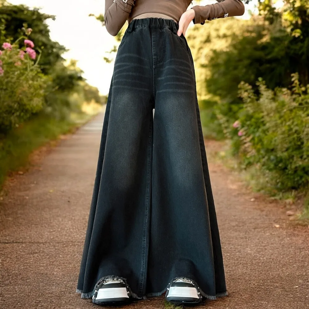 Осенние детские черные джинсы для девочек брюки с широкими штанинами Детские