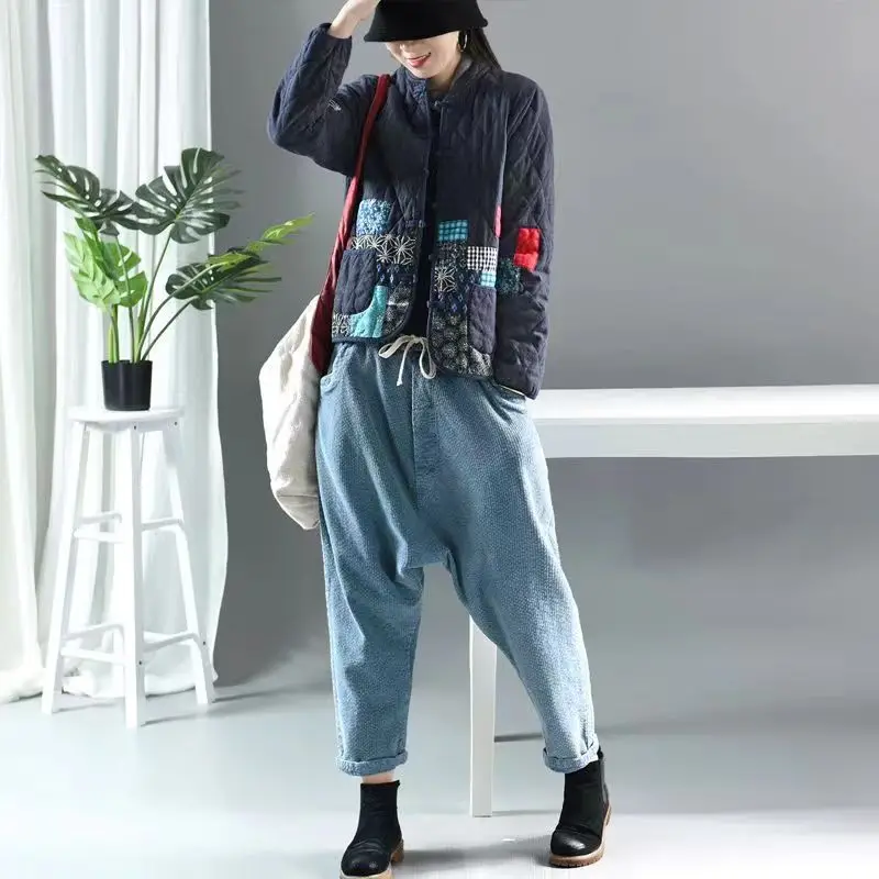 2022 Autumn Winter Arts Style Women Long Sleeve Vintage Short Coat Patchwork Cotton Linen Single Breasted Thicken Jackets